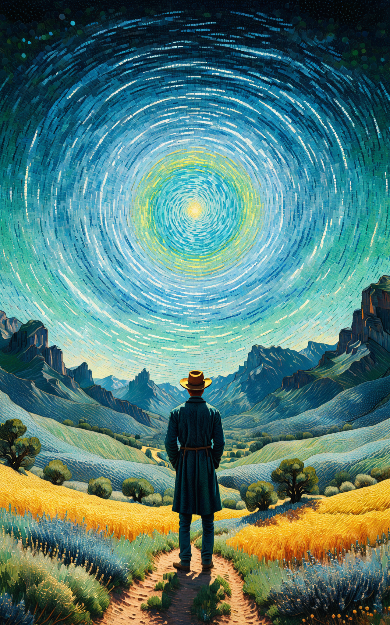 06345-3129002827-A man stands in the wilderness, blue dot light spinning, Vincent van Gogh's painting style, pointillism style, magnificent lands.png